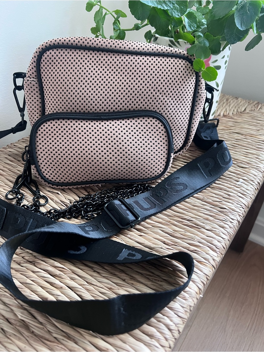 Popups Brand Beige Neoprene Crossbody Bag Camera Bags With Raised Black Dots.